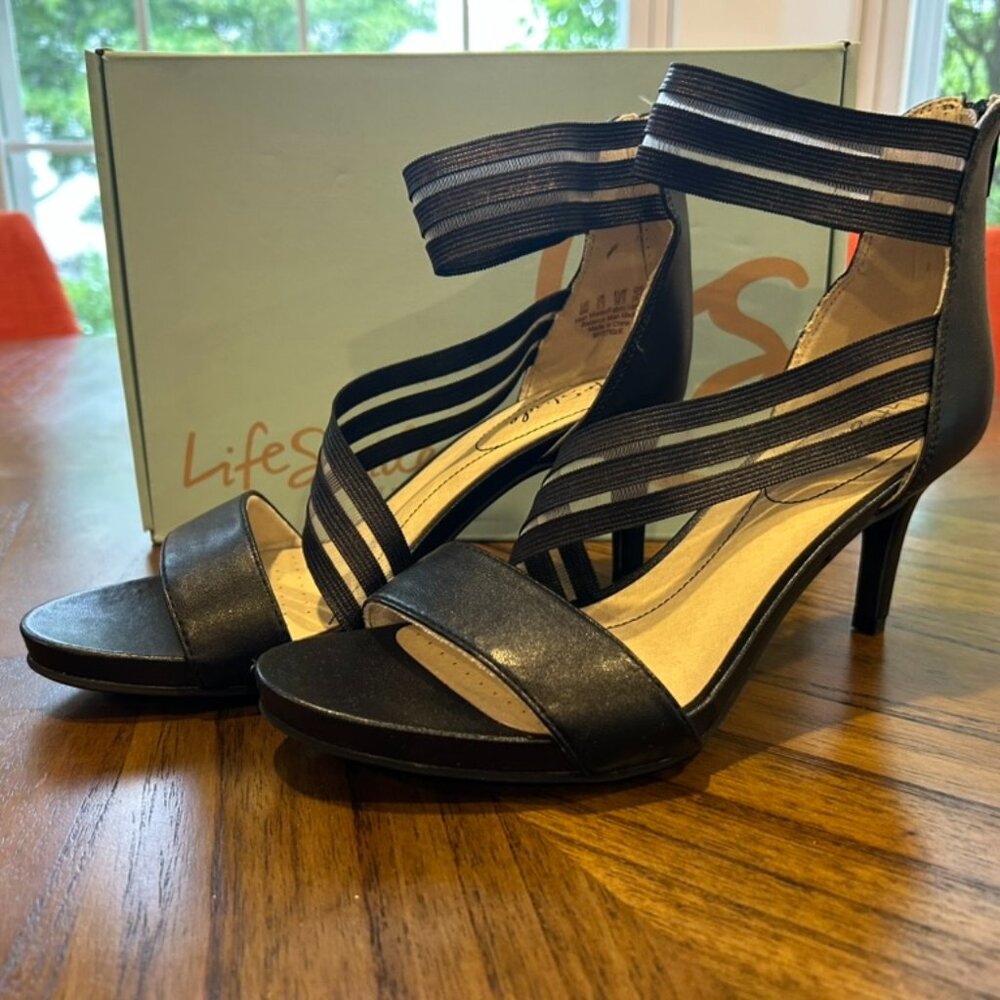 Women's Life Stride Open-toe Heels-  Size 8 Strappy Black Leather